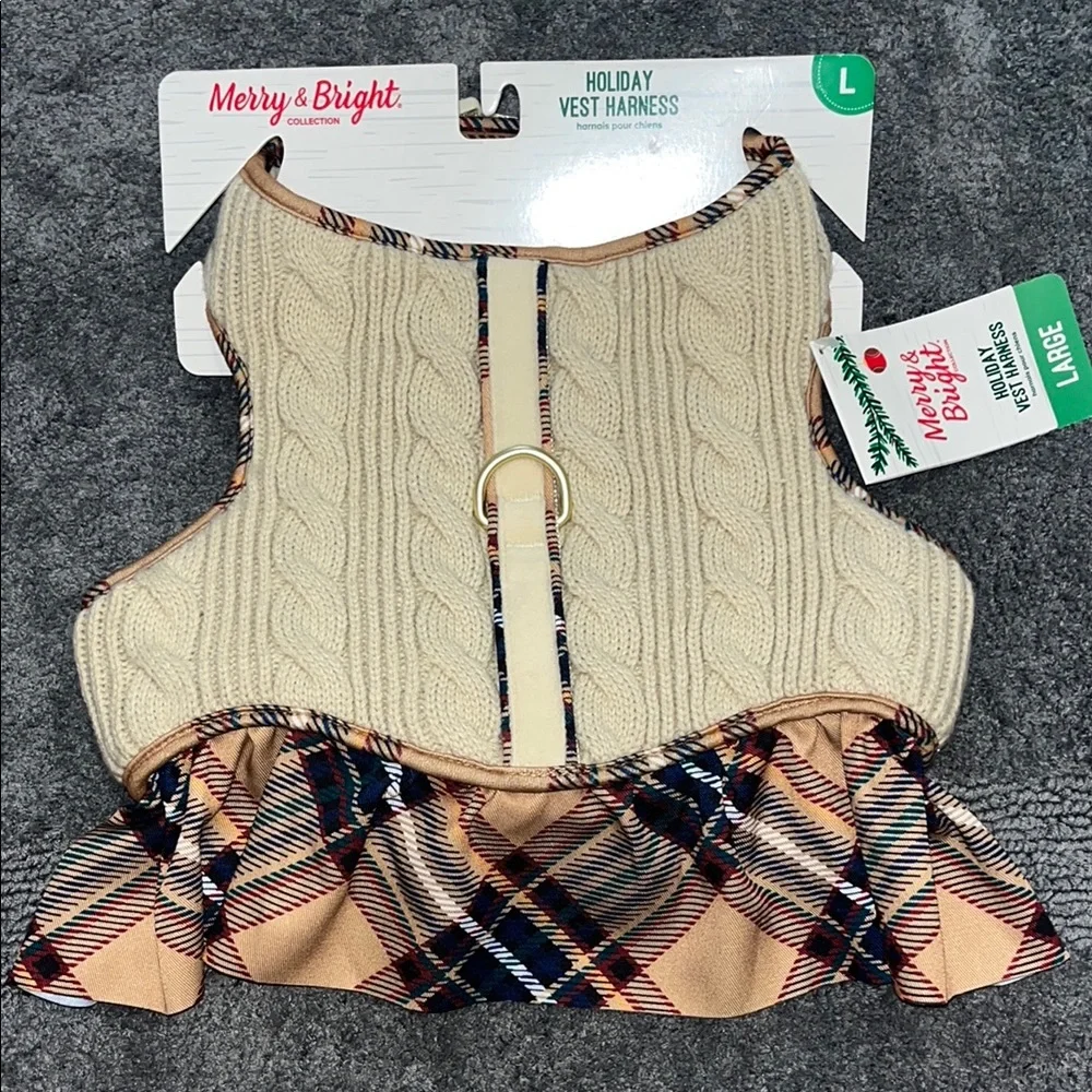Dog Vest Harness by Merry & Bright with Cable knit & Plaid size L NWT